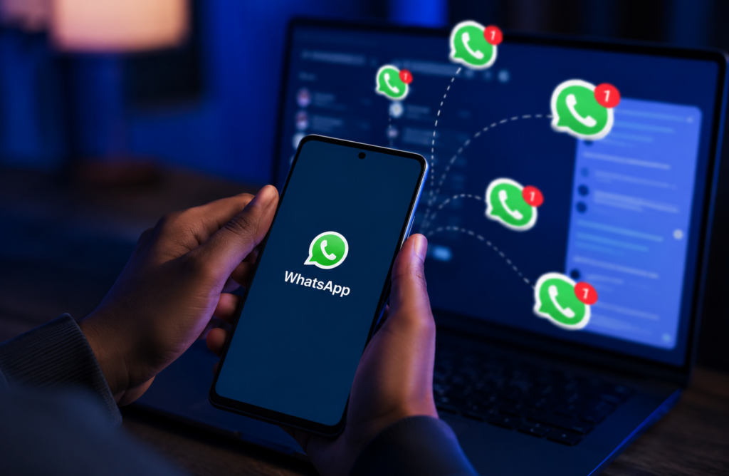 mano sosteniendo celular con whatsapp abierto conectado a varios numeros de whatsapp saliendo de una laptop, representando el envio masivo sin api oficial
